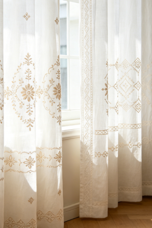 Light Brown Floral Diamond Embroidered Linen Curtains